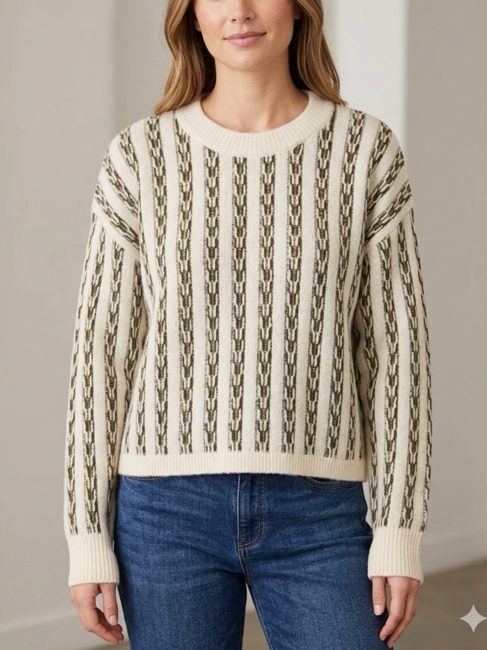 Vigoss Thick Chunky Knit Sweater Size L – Textured Vertical Stripes olive